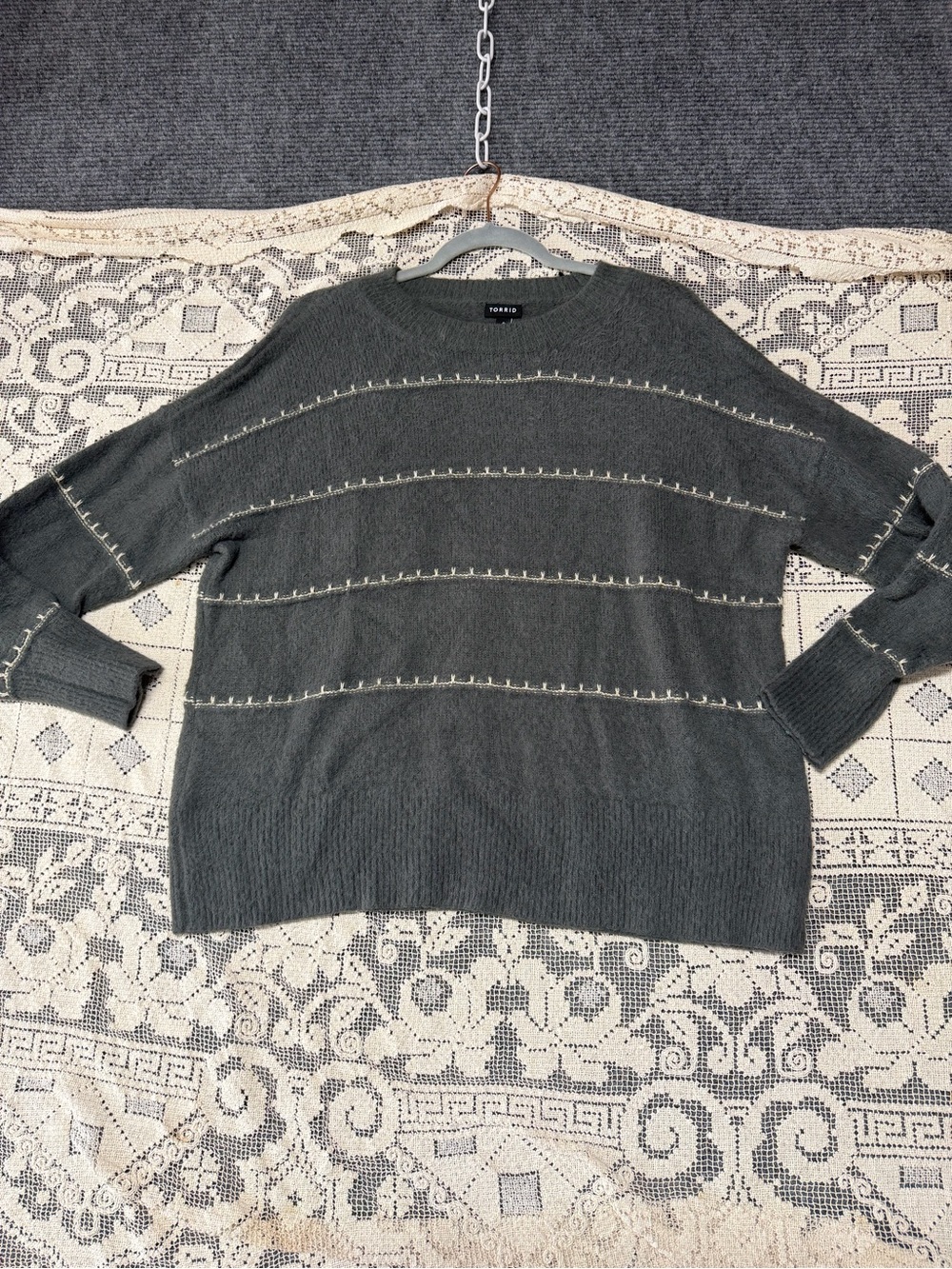 torrid Men's Grey Crewneck Sweater with Cream Accent Stitching